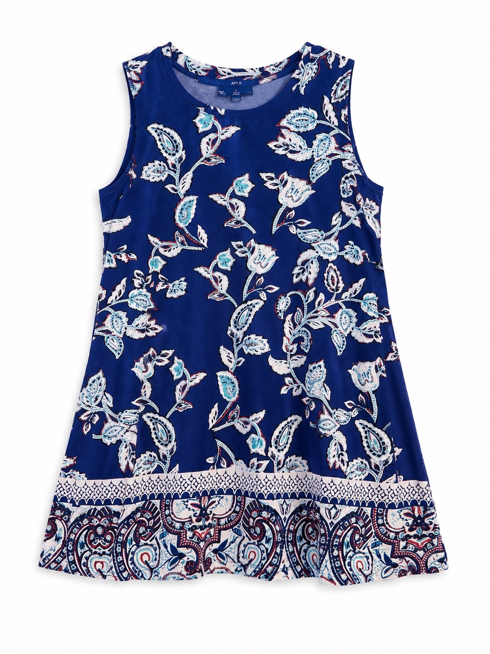 Apt. 9 Royal Blue White Floral Paisley Border Print Sleeveless Tunic Top Size L